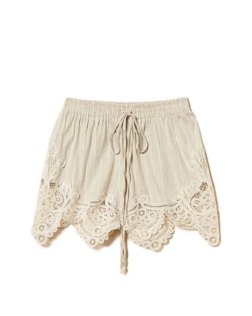 Twinset Natural Linen Blend Jacquard Shorts With Lace