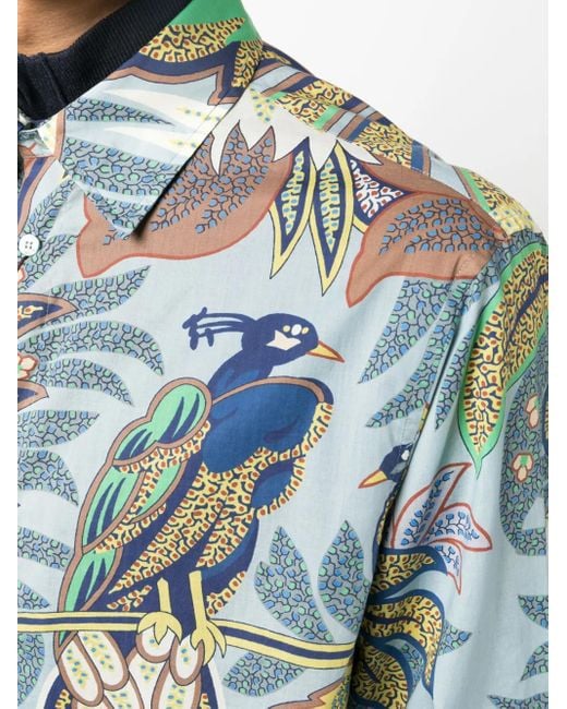 Etro Blue Botanical-Print Cotton Shirt for men