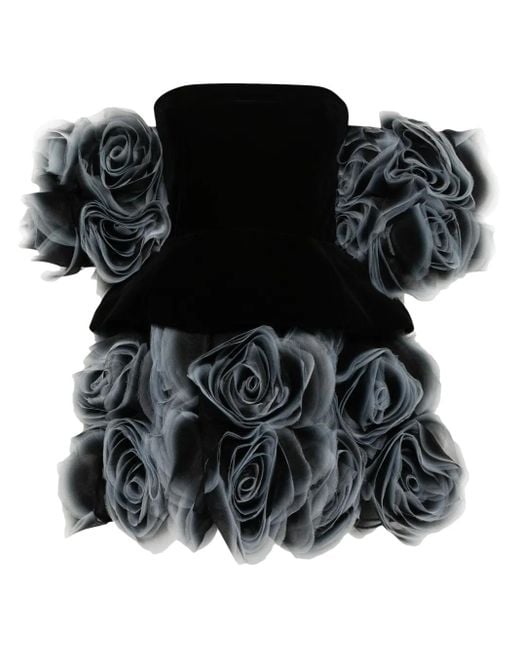 Ana Radu Black Floral-Appliqué Velvet Mini Dress