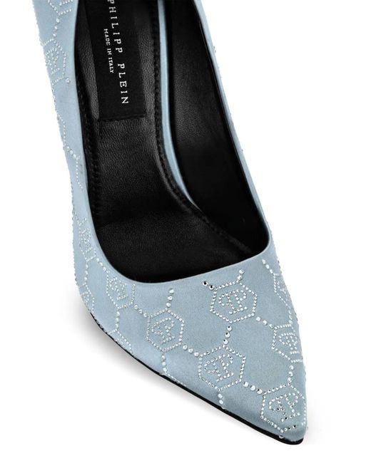 Philipp Plein Blue Satin Decollete Hi-Heels Monogram Strass