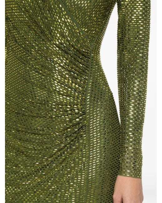 Self-Portrait Green Rhinestone-Embellished Ruched Midi Dress