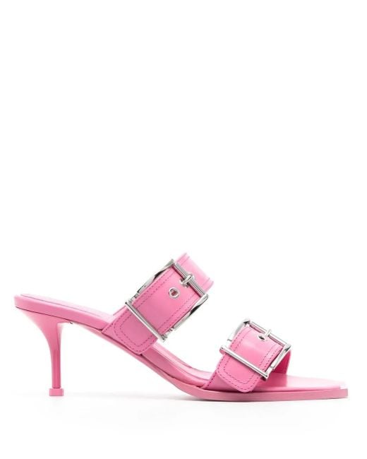McQueen Pink Buckled Leather Slip-On Sandals