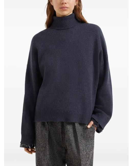 Brunello Cucinelli Blue Sequin-Embellished Turtleneck Sweater