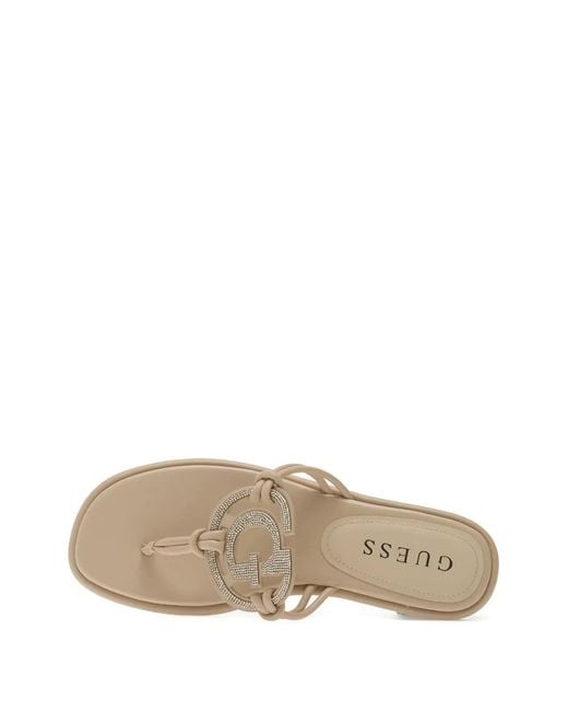 Guess Natural Crystal-Embellished Logo-Plaque Sandals
