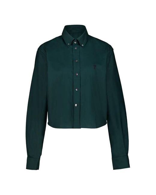 AMI Green Shirt Cropped Classic Fit Embroidered Cotton