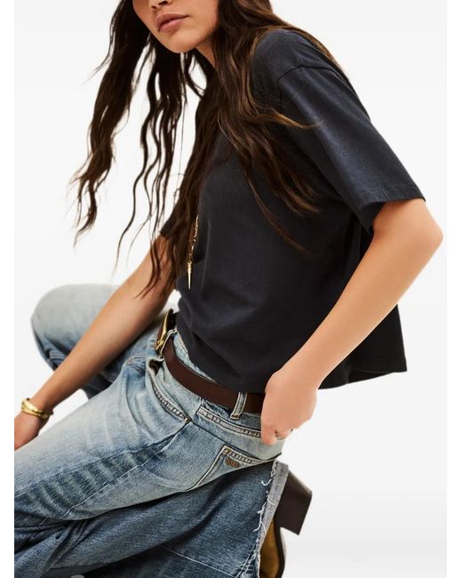 Ba&sh Blue Slogan-Print Cropped T-Shirt