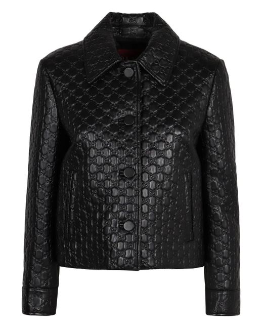 Chaqueta de piel con motivo GG en relieve Gucci de color Black