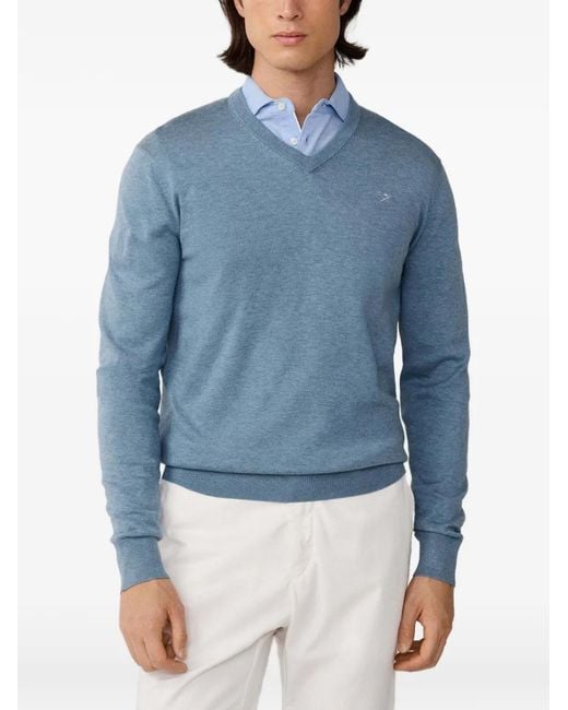 Hackett Blue V-Neck Embroidered Sweater for men
