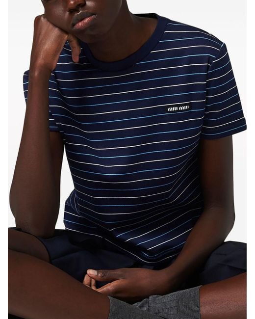 Miu Miu Blue Logo-appliqué Striped T-shirt