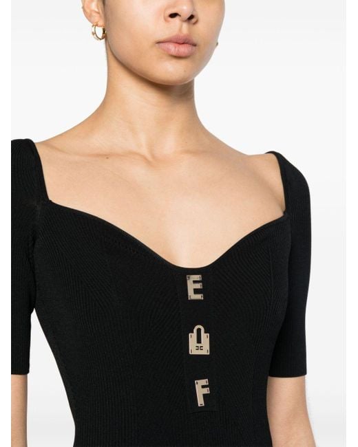 Elisabetta Franchi Black Geripptes Kleid mit Logo-Schild