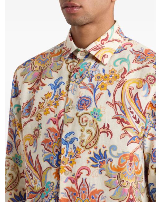 Etro Pink Paisley-Print Linen Shirt for men