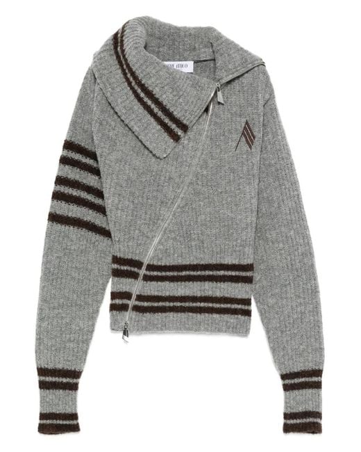 The Attico Gray Striped Cardigan With Asymmetrical Zip Closure
