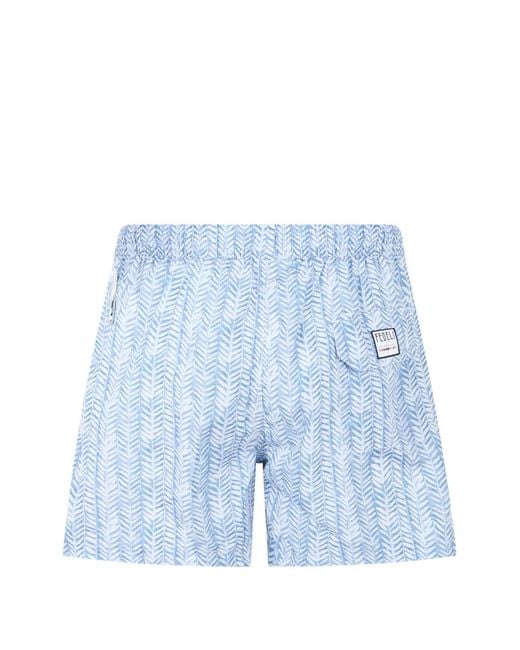 Fedeli Blue Patterned Drawstring Swim Shorts for men