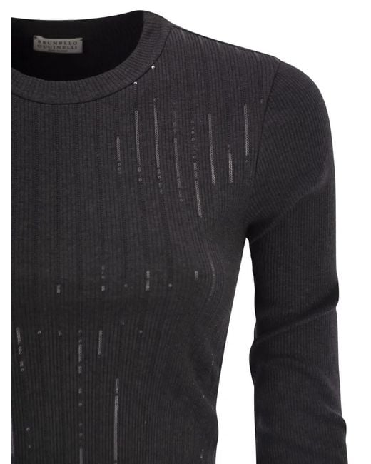 Brunello Cucinelli Black Sequin-Stripe T-Shirt
