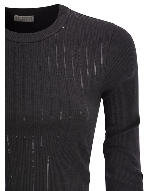 Brunello Cucinelli Black Sequin-Stripe T-Shirt