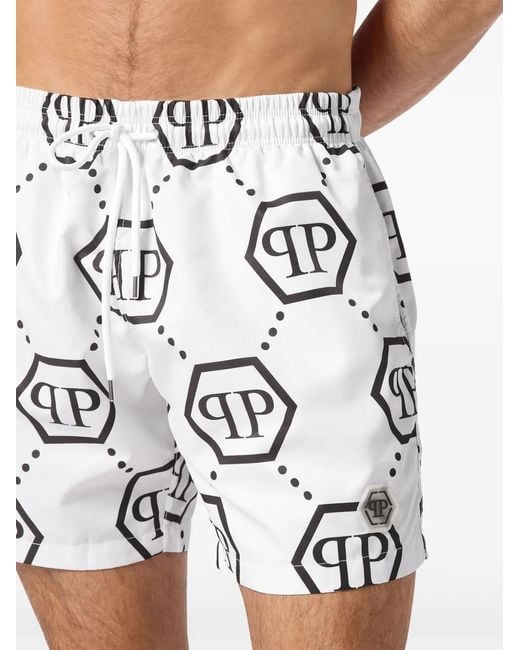 Philipp Plein White Monogram Jacquard Swim Shorts for men