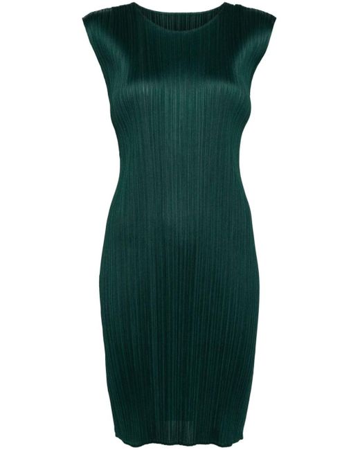Pleats Please Issey Miyake Green Plissé-effect Round-neck Dress