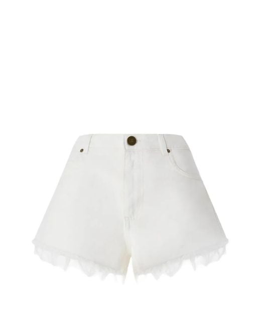 Pinko White Frayed-Hem Logo-Embellished Shorts
