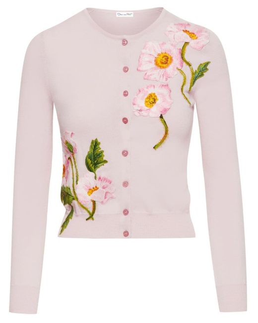 Oscar de la Renta Pink Floral-embroidered Fine-knit Cardigan