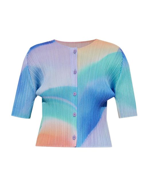 Pleats Please Issey Miyake Blue Pleated Button-Front Cardigan