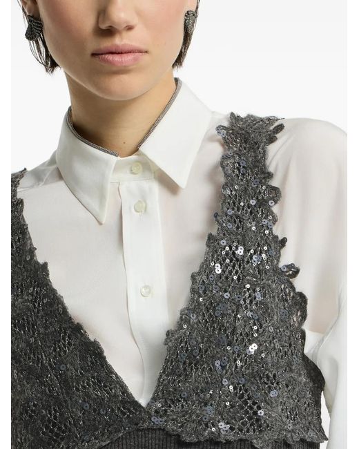Brunello Cucinelli Black Ribbed Wool Jersey Top With Dazzling Lace Embroidery