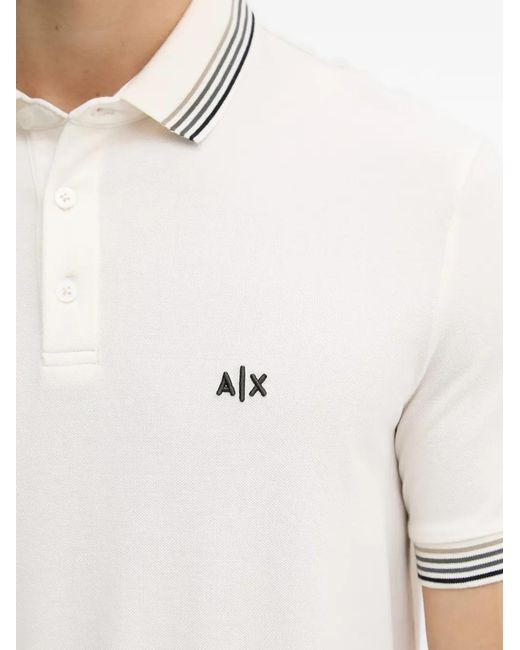ARMANI EXCHANGE White Logo-Embroidered Stripe-Trim Polo Shirt for men