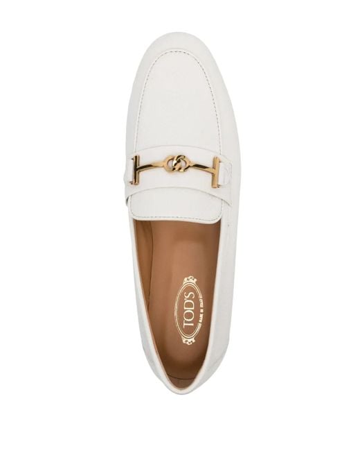 Tod's White Grained Leather Loafers With Metal T Ring Accessory Shoes