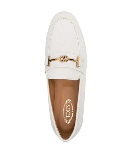 Tod's White Grained Leather Loafers With Metal T Ring Accessory Shoes