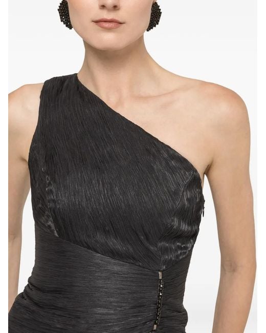 Nissa Black One-Shoulder Plissé-Effect Maxi Dress