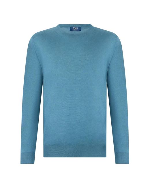 Fedeli Blue Fine-Knit Crew-Neck Sweater for men