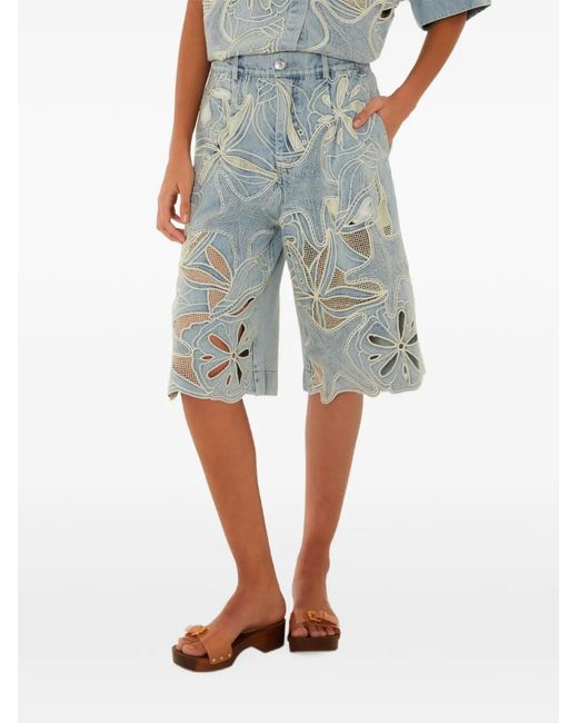 Farm Rio Blue Denim Sea Desire Embroidered Bermuda Shorts