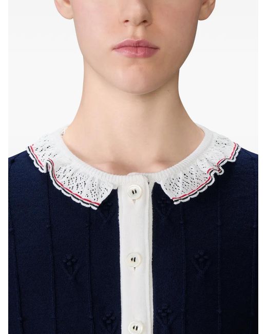Thom Browne Blue Merino Wool Bobble Stitch Lace Trim Cardigan
