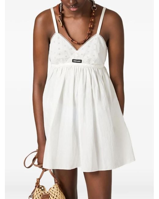 Miu Miu White Mini-Robe En Popeline Et Dentelle À Œillets