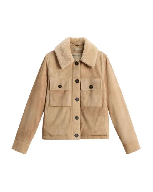 Woolrich Natural Suede Shearling-Collar Jacket