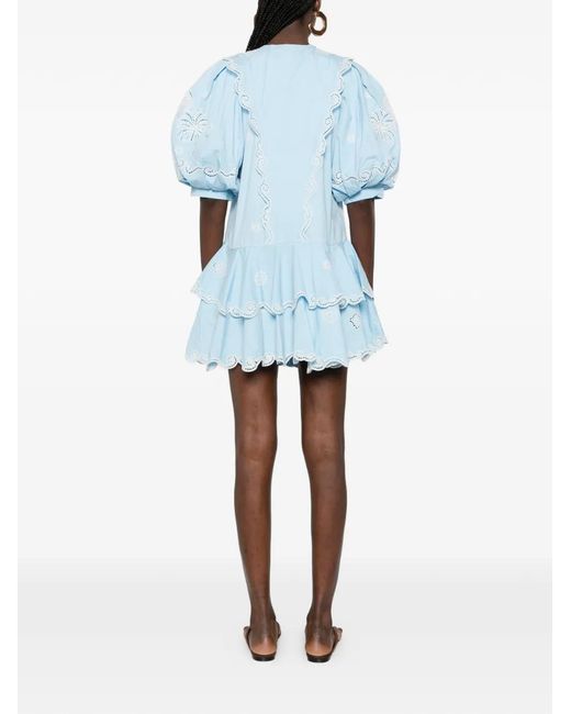ALÉMAIS Blue Maizy Embroidered Puff-Sleeves Mini Dress