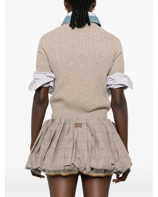 Miu Miu White Cable-Knit Short-Sleeve Sweater