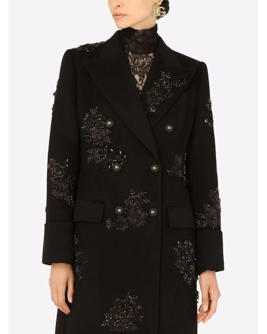 Dolce & Gabbana Black Embroidered Double-Breasted Coat