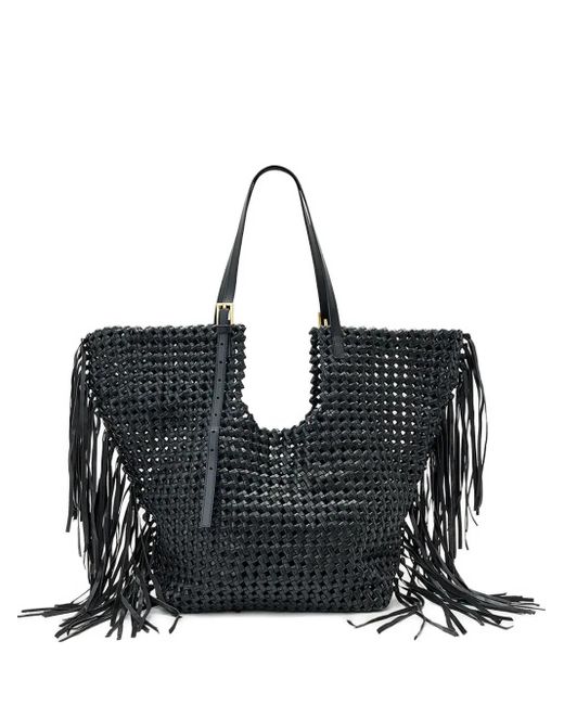 AllSaints Black Woven Leather Fringe Tote Bag
