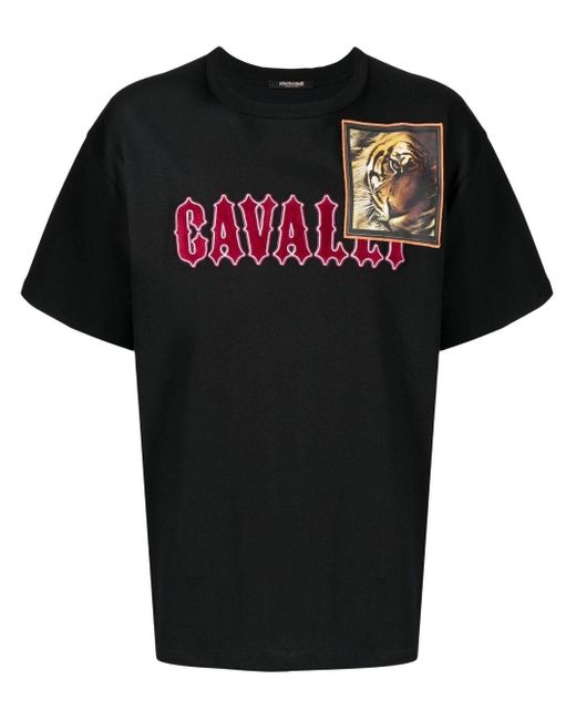 Roberto Cavalli Black Tiger Patch Logo-lettering T-shirt for men