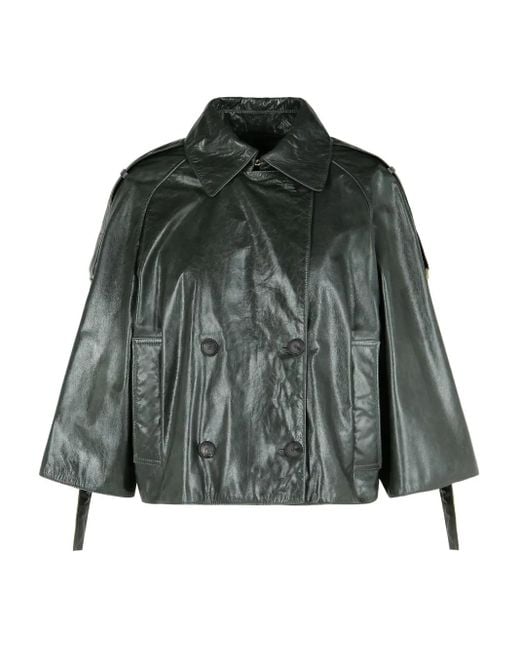 Max Mara Green Pointed-Collar Double-Breasted Leather Jacket