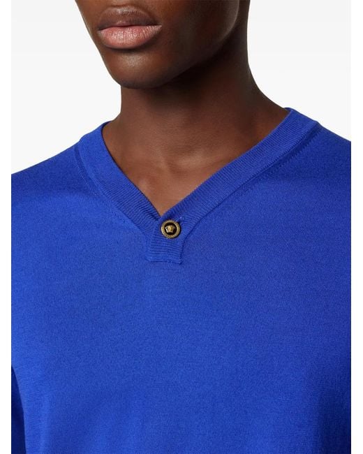 Versace Blue Silk-Cotton Knit V-Neck Sweater for men
