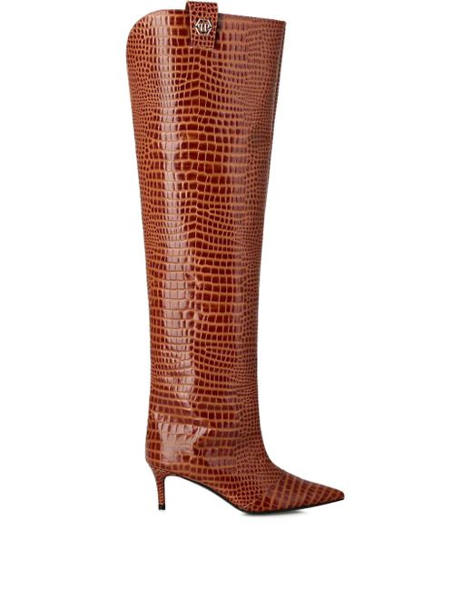 Philipp Plein Brown 55Mm Crocodile-Print Over-The-Knee Boots