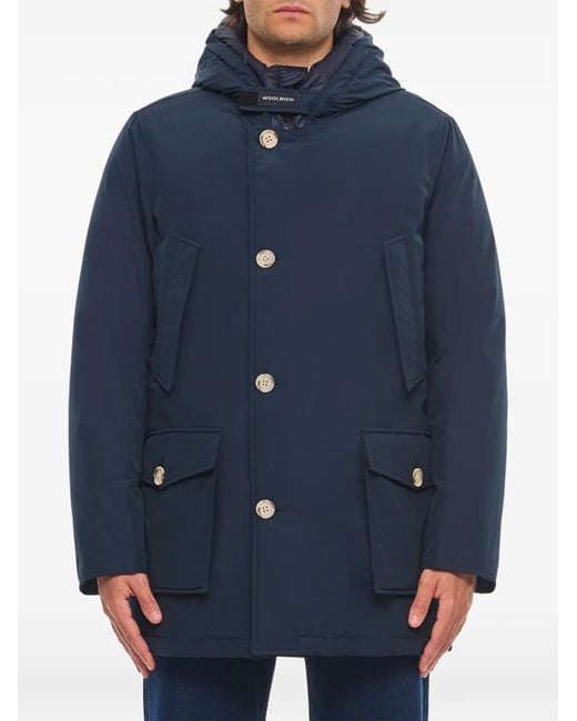 Woolrich Blue Hooded Button-Up Coat for men