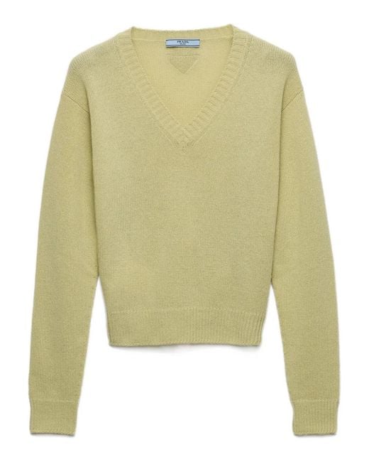 Pull Côtelé À Col V Prada en coloris Green