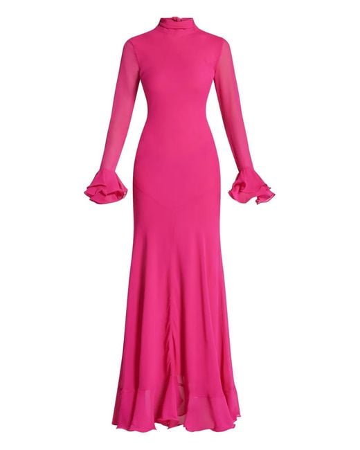 De La Vali Pink Ruffled Long-Sleeve Dress