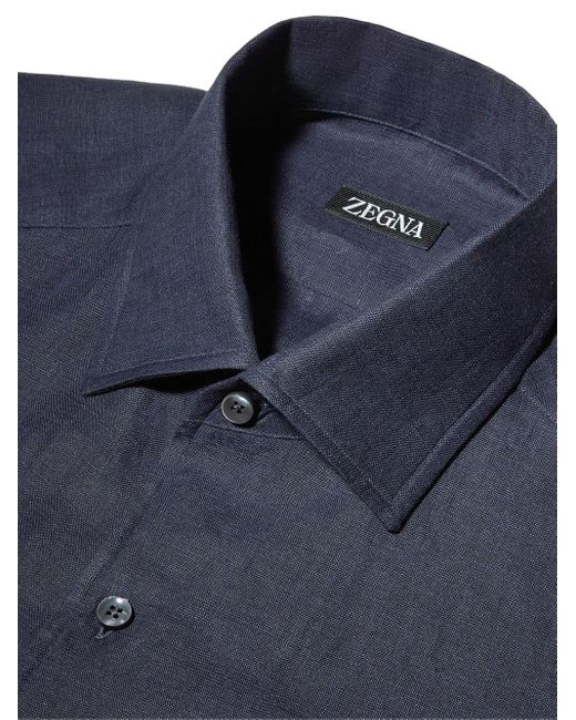 Zegna Blue Pure Linen Long-sleeve Shirt for men