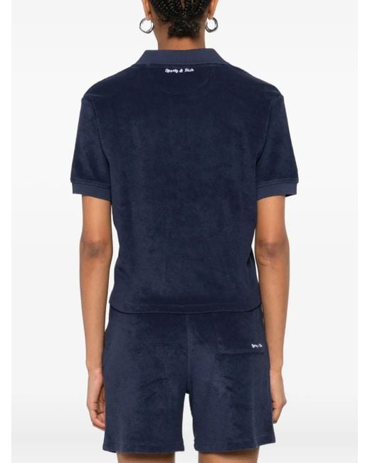 Sporty & Rich Blue Embroidered Cotton Terry Polo Top
