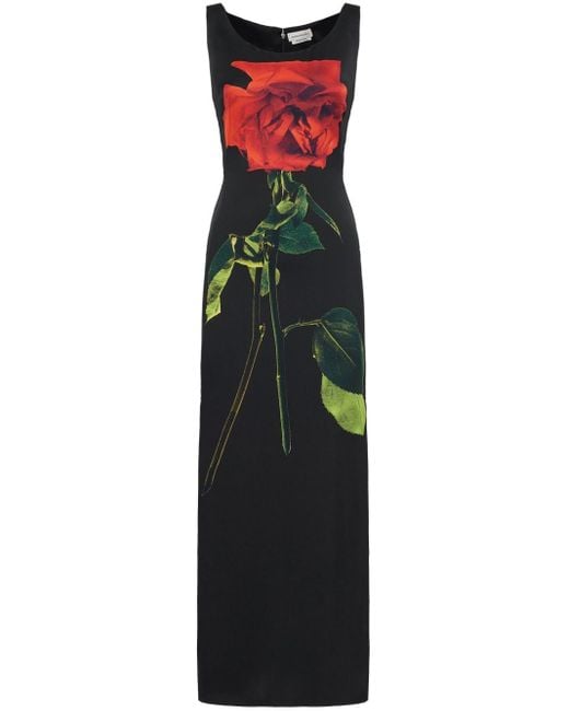 Alexander McQueen Blue Shadow Rose-print Satin Dress