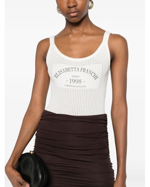 Elisabetta Franchi White Logo-Detail Ribbed Bodysuit