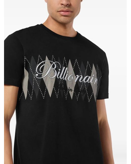 Billionaire Black Logo Argyle-Pattern T-Shirt for men
